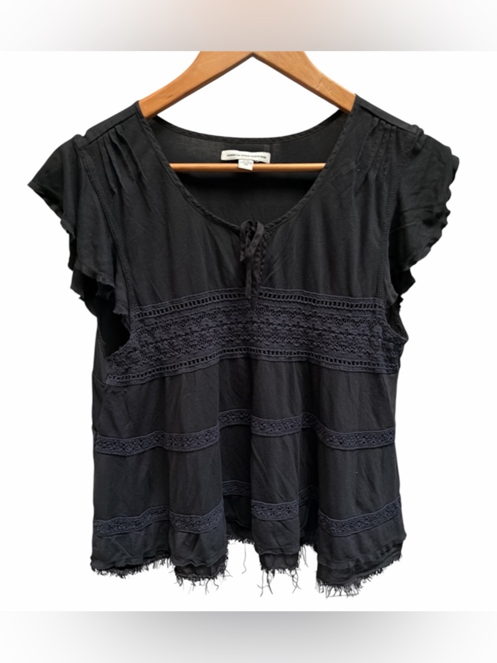 American Eagle Dark Grey Lace-Trim Flutter Sleeve Bohemian Top Size M